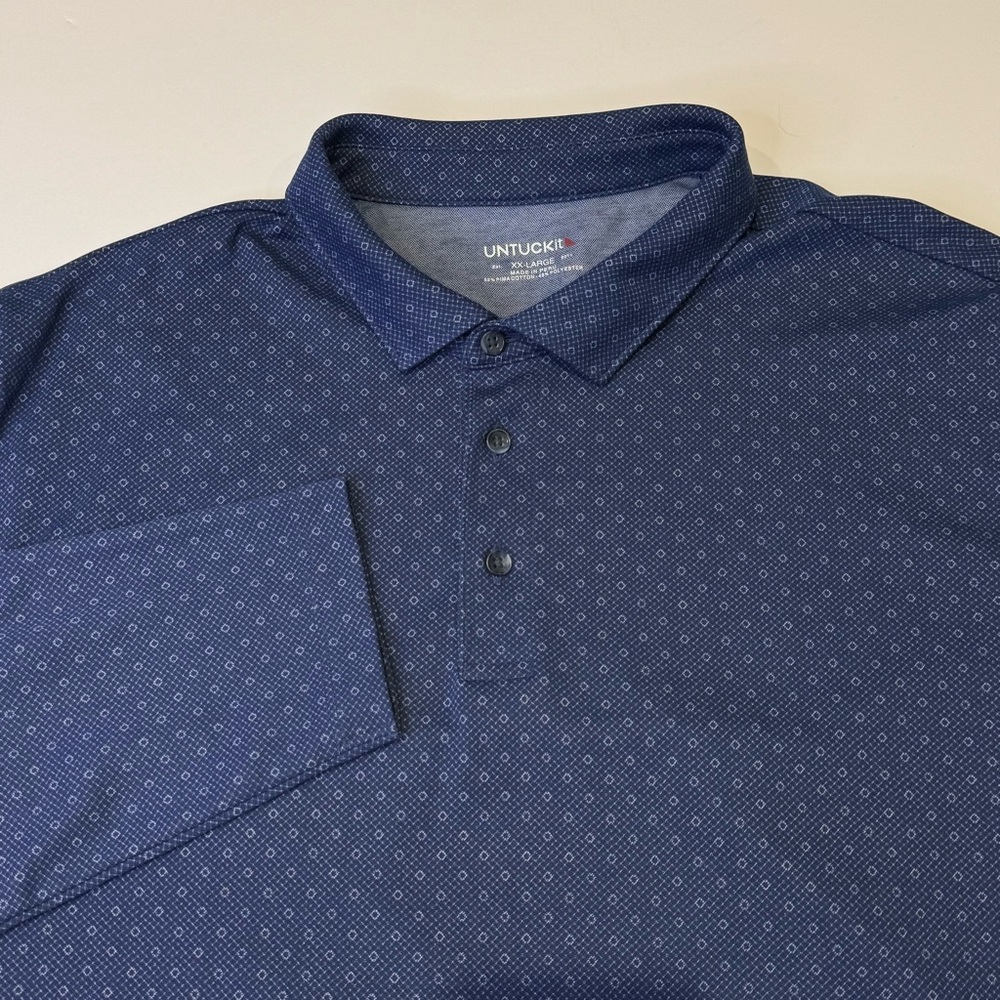 UNTUCKit Men's XXL Beaux Lattice Long Sleeve Polo Navy Blue